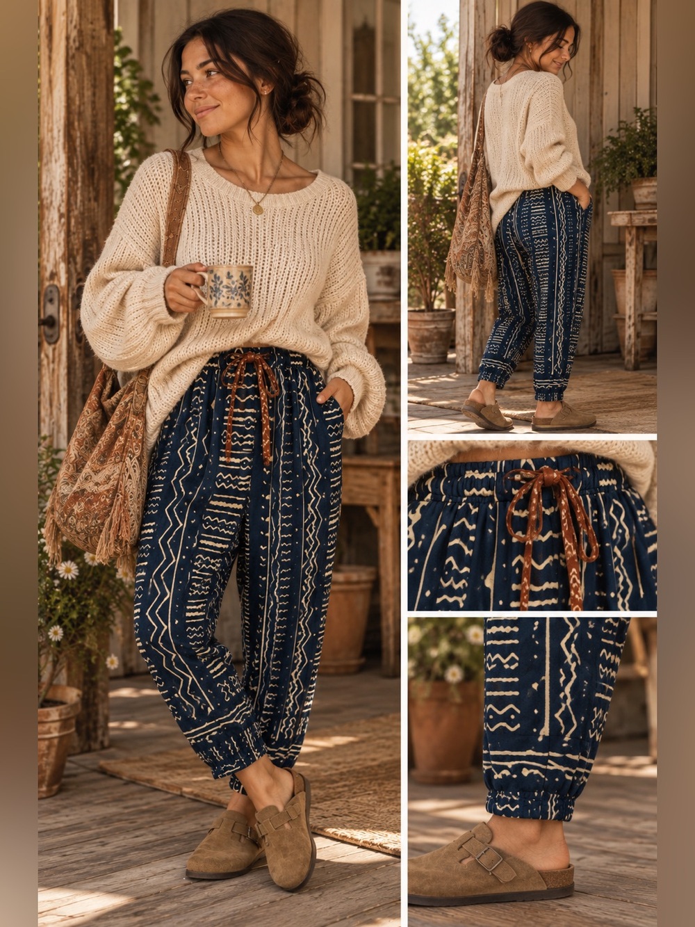 Vintage Surya Navy Tribal Print Tapered Harem Pants Boho Drawstring M